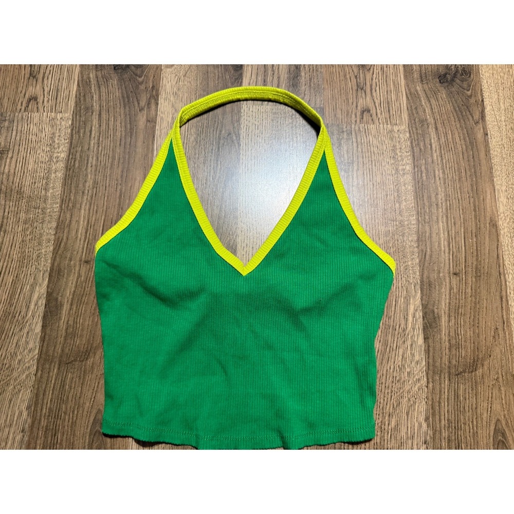 Wild Fable Halter Top Womens Size XS Green Yellow Crop Top Ribbed V-Neck Stretch
